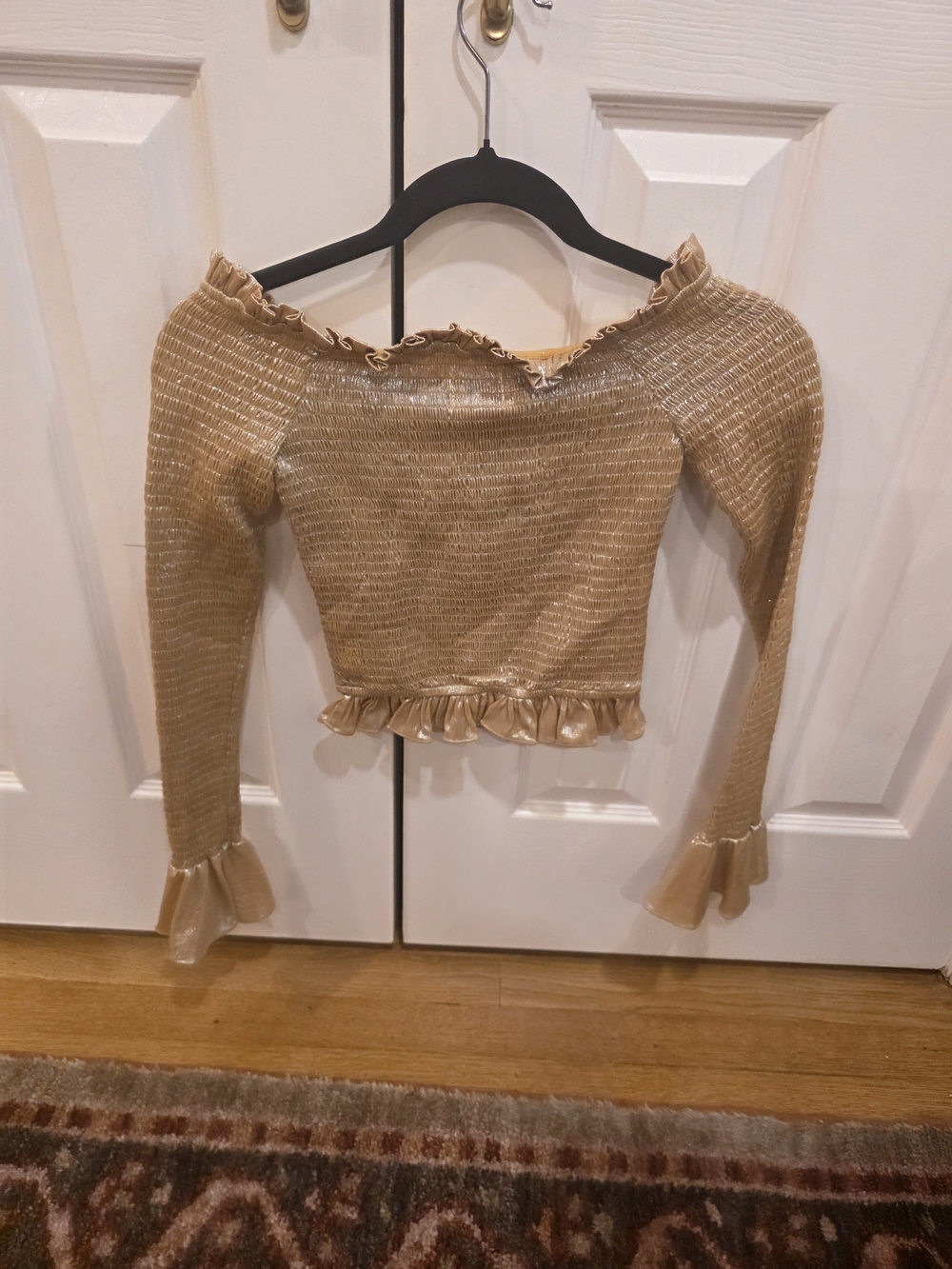 Caroline Constas Metallic Gold Off-the-Shoulder Ruffle Sweater